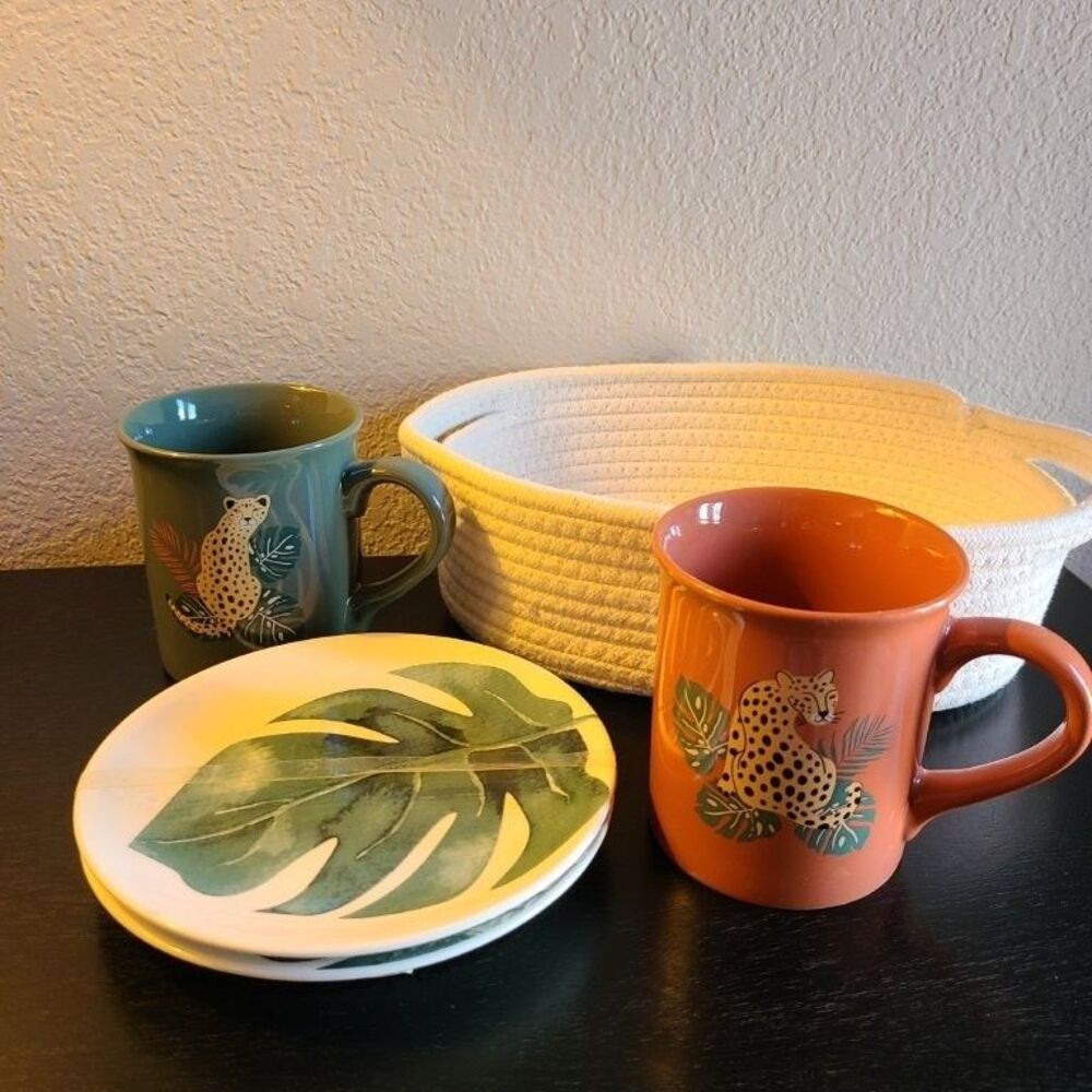 Boho Leopard Ceramic Coffee Mugs Monstera Leaf Plates Woven Rope Basket Decor Se